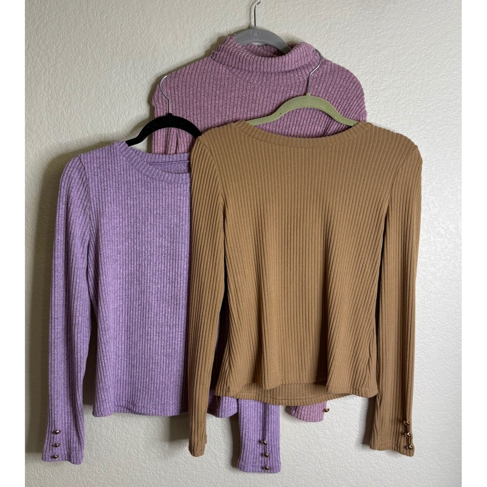 Womens L Ribbed Knit Tops‎ Bundle of 3 Purple Tan Gold Button Long Sleeve Preppy